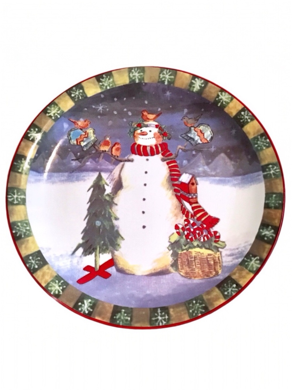 Vintage Christmas Holiday Decorative Plate Snowman Birds Winter 9” Excellent